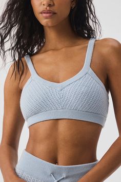 Cashmere Plush Waffle V-Neck Bra - Crystal Blue | Alo Yoga Crystal Blue, Matching Pants, Alo Yoga, Blue Crystals, Waffle Knit, Waffles, Cashmere, Lounge, Yoga