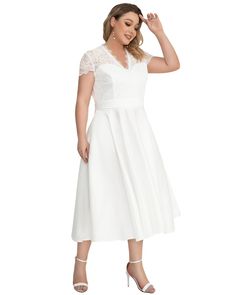 A must-have! Round out your vacation and weekend wardrobe with this plus size dress V Neck Cocktail Dress, Ever Pretty, Lace Caps, Skirt Belt, Weekend Wardrobe, Pleated Midi Skirt, Plus Size Dress, Cap Sleeve, Cap Sleeves