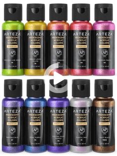 twelve bottles of arteza acrylic paint in various colors and sizes, all with