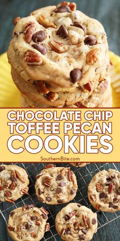 chocolate chip toffee pecan cookies on a yellow plate with text overlay