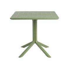 a green table with four legs and a square top on an isolated white background, viewed from the front