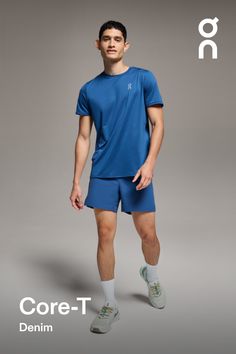 Go back to basics with this lightweight and versatile tee. Designed for the everyday runner's wardrobe | On Men's Core-T Short-Sleeve Shirt in Denim, Size: XS. Lightweight, versatile, running Road Running. Performance Running | Recycled Polyester Colour Making, T Shorts, Back To Basics, Road Running, Basic Tee, Mens Denim, Cool Things To Make, Warm Weather, Short Sleeve Shirt