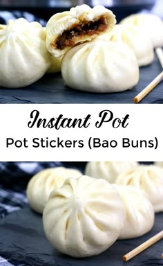 instant pot stickers with chopsticks in them on a black plate and the words instant pot stickers bao buns