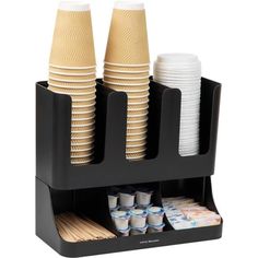 a black holder with cups and plates in it