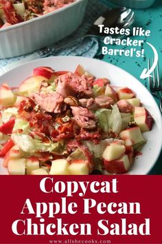 an image of copycat apple pecan chicken salad on a plate with text overlay