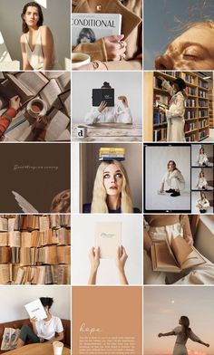 the collage shows many different images and people in white dresses, books, and other things