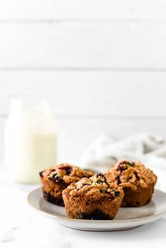 blueberry muffins on a plate next to a glass of milk