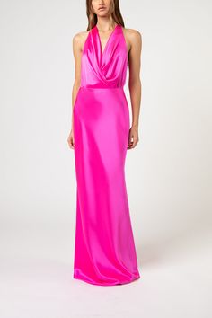 Pre-draped Halter Neck Silk Maxi Dress, Pre-draped Satin Finish Maxi Dress For Wedding, Pre-draped Halter Neck Evening Dress For Gala, Bias Cut Draped Evening Dress For Weddings, Silk Halter Neck Gown For Gala, Pre-draped Satin Finish Maxi Evening Dress, Silk Evening Dress With Fitted Bodice And Halter Neck, Chic Pink Halter Dress For Wedding, Silk Pre-draped Halter Neck Maxi Dress