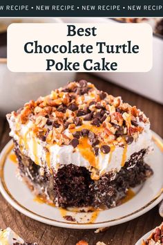 the best chocolate turtle poke cake on a plate