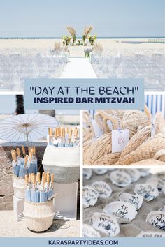 the beach is decorated with blue and white items for an outdoor wedding ceremony, as well as