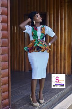 Reversible Ankara Pinafore on white office dress by SEMASA CLOTHING 0243742208 Ankara Styles For Office Wear, Ankara Corporate Styles, Ankara Office Dress Styles, Ankara Pinafore, White Office Dress, African Dress Patterns, Ankara Dress Designs, African Print Tops, African Dresses For Kids