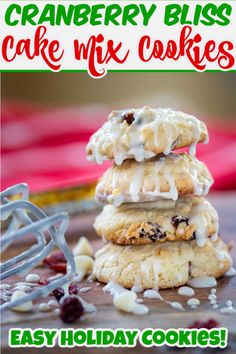 cranberry bliss cake mix cookies are stacked on top of each other