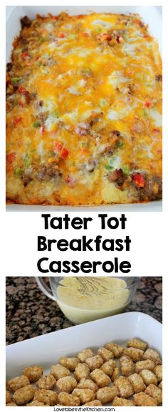 tater tot breakfast casserole in a white baking dish