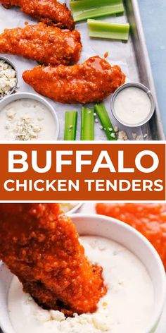 buffalo chicken tenders are served with ranch dip and celery sticks for dipping