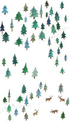 an image of christmas trees and reindeers in the snow on a white background with watercolor effect