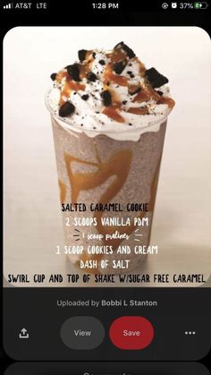 the menu for an ice cream sundae with caramel and whipped cream