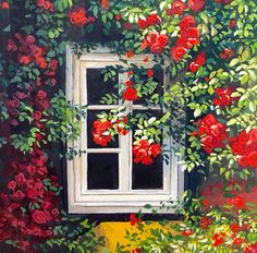 a painting of a window with red roses on the outside and green foliage around it