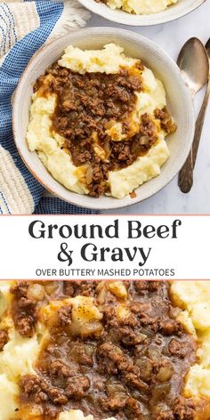 ground beef and gravy over buttery mashed potatoes