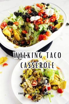 two white plates filled with salad and the words walking taco casserole