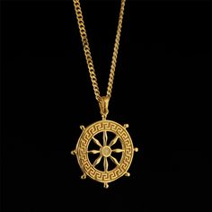 "Representing the freedom of the sea and the spirit of adventure, this magnificent 14K gold ship wheel necklace is the perfect way to accentuate your unique style! Crafted with meticulous craftsmanship, this special necklace reflects the combination of elegance and strength to make you stand out. The elegant details of the gold ship wheel motif inspire you to appreciate the value of every moment and focus on decisions that shape your life. This necklace, crafted with 14K gold, brings together qu Luxury Gold Necklace With Compass Design, Gold Pendants For Men, Freedom Of The Seas, Sea Ship, Sea Gifts, Ship Wheel, Sun Pendant, Special Necklace, Men Necklace