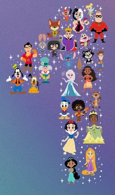 an image of many cartoon characters on a purple background