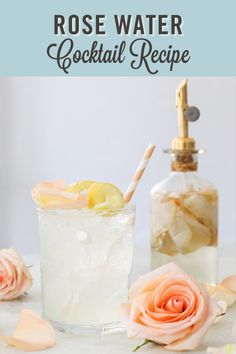 a glass filled with ice and lemonade next to a bottle