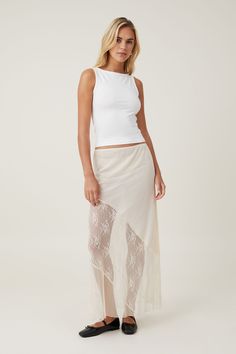 LACE PANEL MAXI SKIRT Long White Lace Skirt, White Lace Maxi Skirt, White Lace Skirt, Maxi Lace Skirt, Festival Looks, Lace Panelled, Womens Clothing Sizes, Fit Inspo, Women Lace