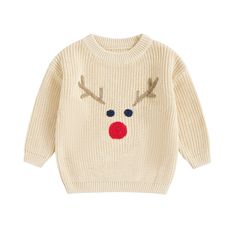 a white sweater with reindeer antlers on the front and red nose in the back