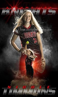 a softball player holding a ball and glove in her hand with the caption's name on it