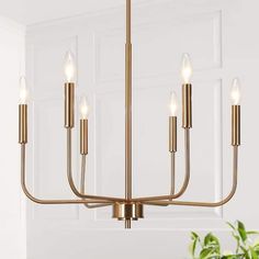 a large brass chandelier with six lights hanging from it's center point