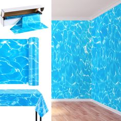 an empty room with blue water in the middle and white wallpaper on the walls