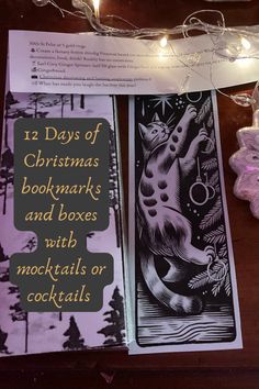 two christmas bookmarks with the title 12 days of christmas booksmarks and boxes with mocktails or cocktails