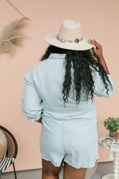 How cute is this light wash denim romper?! It's long sleeve, has snap buttons up the top, a drawstring at the waist, and side pockets! The sleeves can be rolled up and snapped in place on the upper sleeve Available at Blvd location Fabric: 100% Lyocell Model is 5'8 (wears a size 15 in bottoms), wearing a size 2XL romper Spring Light Wash Button-up Jumpsuits And Rompers, Light Wash Button-up Jumpsuits And Rompers For Spring, Light Wash Button-up Jumpsuits And Rompers, Long Sleeve Relaxed Fit Denim Jumpsuit With Button Closure, Light Wash Denim Long Sleeve Jumpsuit, Light Wash Long Sleeve Jumpsuits And Rompers For Spring, Spring Light Wash Long Sleeve Jumpsuits And Rompers, Light Wash Long Sleeve Jumpsuit For Spring, One Wish