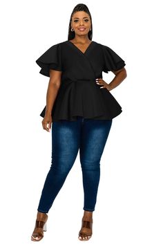 Siobhan Peplum Top - L I V D Peplum Design, Peplum Designs, Trumpet Sleeves, Surplice Top, Neoprene Fabric, Trumpet Sleeve, Linen Women, Shop Blouses, Plus Size Tops