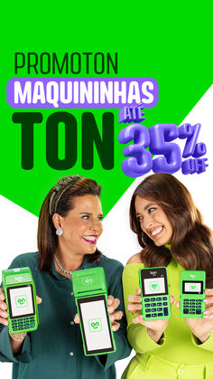 two women holding up cell phones in front of a green and white background with the caption's top 50 % off