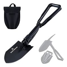 a black shovel and some utensils on a white background with a bag in the back ground