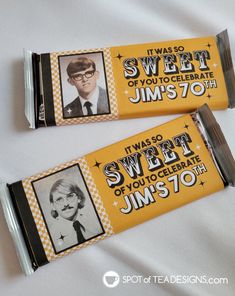 two personalized candy bars are shown on a white tablecloth with an image of a man and woman