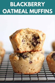 three blueberry oatmeal muffins stacked on top of each other