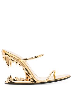 metallic 105mm heeled sandals from GCDS featuring gold-tone, calf leather, open toe, high sculpted heel, slip-on style and 105mm high heel block. Gcds Morso Heel, Gold Chain Heels, Gcds Heels, 2010 Heels, Gcds Shoes, Cleopatra Vibes, Gucci High Heels, Cool Heels, Gold Heels Prom