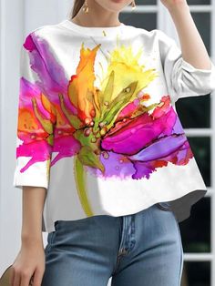 Loose Three-Quarter Sleeves Contrast Color Flower Print Round-Neck T-Shirts Tops WHITE-S Shirt Back Print, Casual White Tops With Watercolor Print, Casual White Top With Watercolor Print, Art On Clothes Paint, Multicolor Watercolor Print Tops For Spring, Summer Crew Neck Top With Watercolor Print, Multicolor Watercolor Print Top For Spring, Cloth Painting, White Watercolor Print Short Sleeve Top