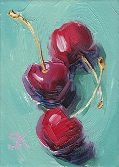 a painting of three cherries on a blue background