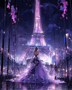 a woman standing in front of the eiffel tower with her dress blowing in the wind