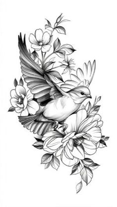 a black and white drawing of a bird with flowers