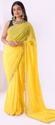 Yellow color Saree in Georgette fabric with Cut Dana, Mirror, Moti, Zircon work Yellow Pre-draped Saree With Mirror Work For Wedding, Yellow Blouse Piece With Mirror Work For Wedding, Wedding Yellow Blouse Piece With Mirror Work, Yellow Wedding Blouse Piece With Mirror Work, Yellow Saree With Mirror Work For Reception, Reception Yellow Saree With Mirror Work, Yellow Georgette Blouse Piece For Wedding, Yellow Cutdana Blouse Piece For Wedding, Festive Yellow Pre-draped Saree For Wedding