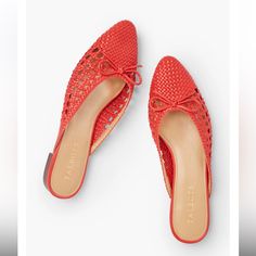 New, Never Worn Talbots Edison Mules Size: 5 The Edison Mule. Combining Ease And Elegance In A Woven, Open-Back Flat. In Woven Faux Nappa And Topped Off By A Bow. * Almond Toe * 1/2" Heel Height * Memory Foam Footbed * Imported Material: 100% Polyurethane Style # P212041305 Comes From A Smoke Free/Pet Free Home. Please Note All Sales Final. Red Pointed Toe Summer Mules, Summer Red Closed Toe Flats, Red Flats For Summer, Red Mules For Spring, Red Spring Mules, Red Slip-on Mules For Summer, Red Open Toe Flats For Spring, Casual Red Summer Mules, Red Slip-on Mules For Spring