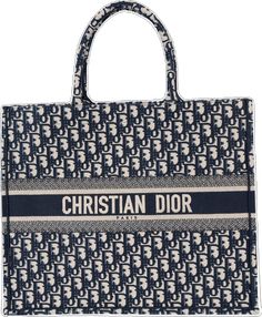 Luxury Blue Bag With Embroidered Logo, Luxury Blue Bags With Embroidered Logo, Luxury Blue Canvas Bag, Blue Shopping Bag With Embroidered Logo, Christian Dior Book Tote, Dior Book, Book Tote Bag, Dior Logo, Dior Book Tote