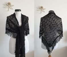 "Vintage 1930s black lace shawl with floral embroidery and black fringe. ....M E A S U R E M E N T.... 101\" in full width 25\" from center of straight edge to tip of fringe 4\" fringe brand/maker: n/a condition; excellent Shipping Is Avaliable Worldwide. Every item is carefully shipped Priority via Air Mail - shipping takes from 7 to 14 working days, depending on your location. Shipping includes Tracking. Come and check out our shop to see all items! https://www.etsy.com/shop/Themagicstories2?r Black Bohemian Shawl For Wedding, Piano Shawl, Fox Fur Scarf, Dresses 40s, Velvet Shawl, Embroidered Coat, Vintage Shawls, Classy Prom Dresses, Lace Wrap