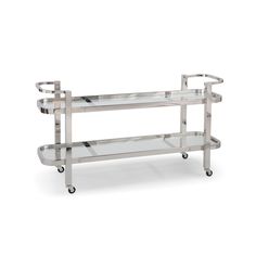 a metal and glass shelf with wheels