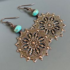 Turquoise Metal Earrings For Pierced Ears, Turquoise Metal Earrings, Bronze Dangle Earrings, Turquoise Round Copper Earrings, Turquoise Brass Hoop Earrings As Gift, Turquoise Brass Hoop Earrings For Gift, Gift Turquoise Brass Hoop Earrings, Nickel Free Copper Chandelier Earrings As Gift, Turquoise Metal Dangle Earrings