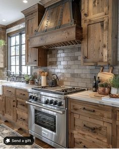 a kitchen with wooden cabinets and an oven